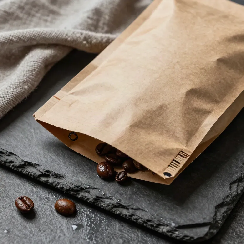 Macro of an unbranded coffee bag on wet slate with linen folds and roasted beans