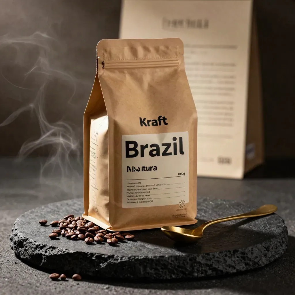 Kraft coffee bag with saucer, cacao nibs and brass spoon on a dark stone plinth