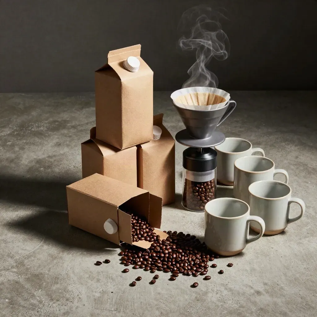 Open coffee box stack with grinder, kettle, mugs and beans on concrete, lit dramatically in steam.