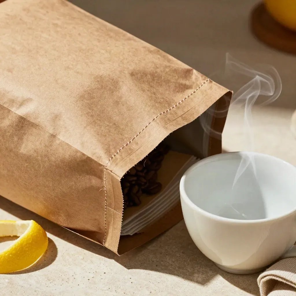 Steaming coffee bag beside a porcelain cup, lemon peel and linen on pale stone.