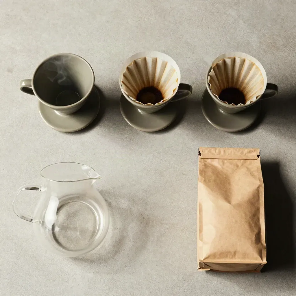 Overhead coffee pour-over set with dripper, filters, glass carafe, and kraft bag on pale stone.