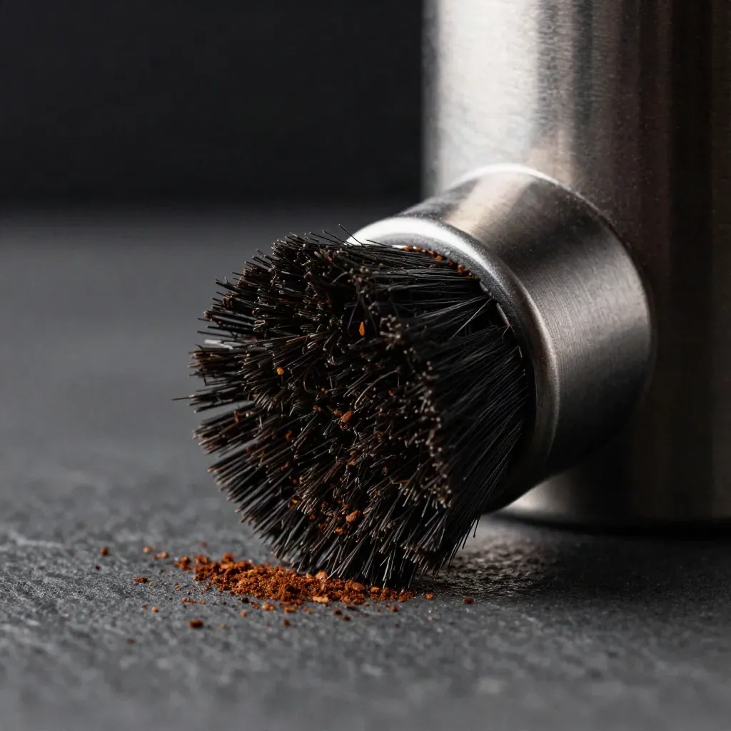 Macro of a grinder brush beside a burr grinder hopper with coffee chaff in the bristles